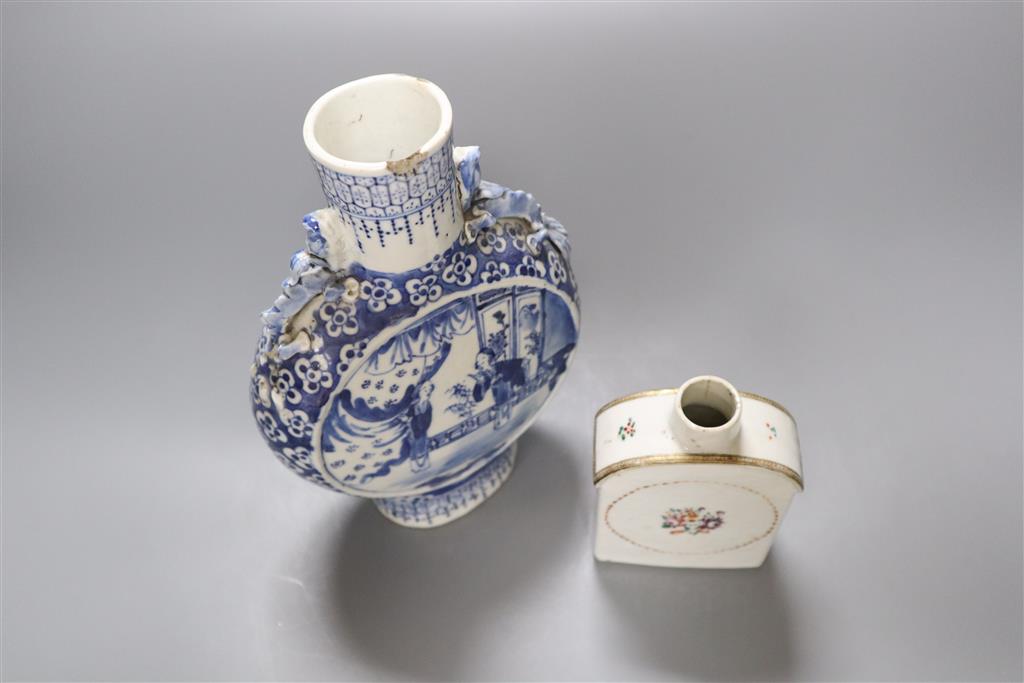 A 19th century Chinese blue and white moon flask, 22cm and a A Chinese famille rose tea canister and